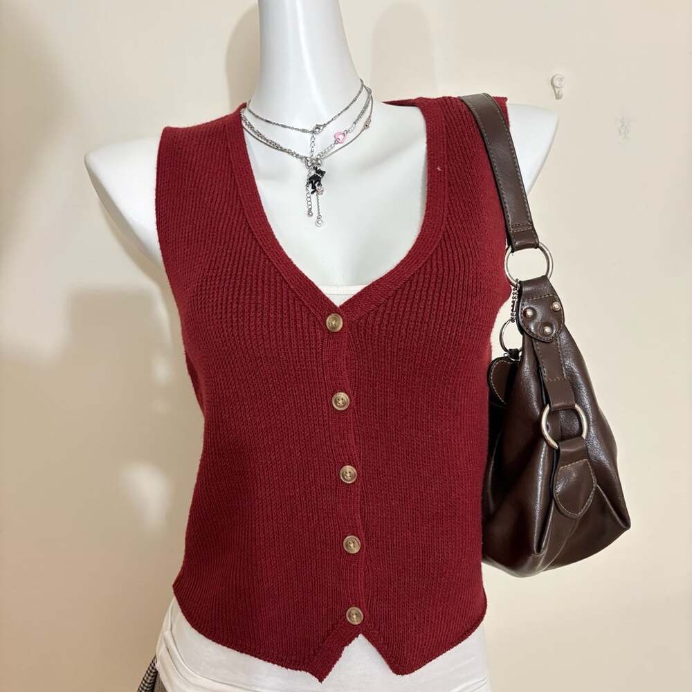Sincerely Jules Red Ribbed Knit Button Down Sweater Vest Size M